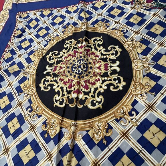 Vintage Silk Baroque Holiday Scarf | Navy, Gold, Red | Jujus Vintage Find - Picture 4 of 10